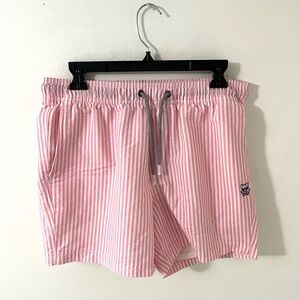Party Pants Pink and White Seersucker Stretch Swim Trunks, Size: Youth Medium